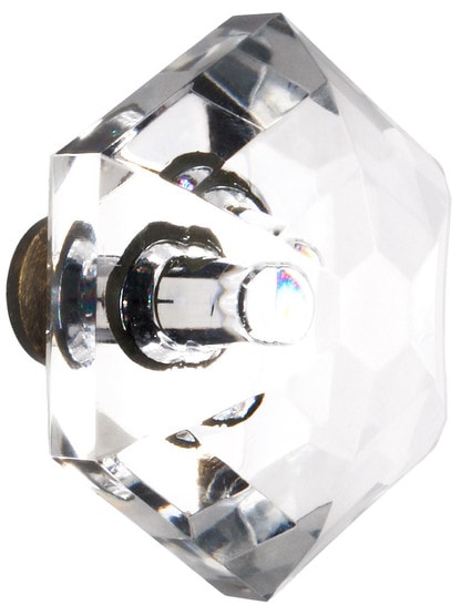 Large German Crystal Diamond Cut Hexagonal Knob With Solid Brass Base in Antique Brass.